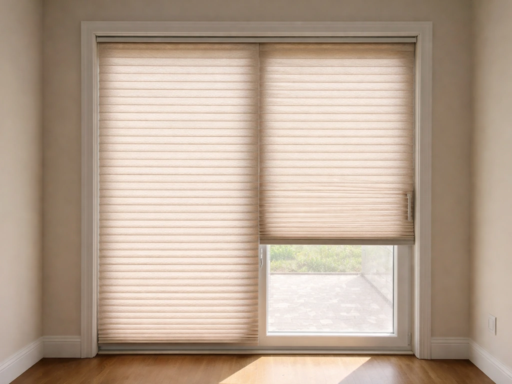 Cellular honeycomb shades closed in front of a sliding patio door in a bright, minimal living room.
