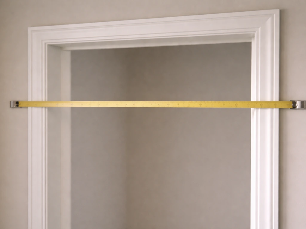 Close-up measuring tape across a door opening showing extra clearance for stack-back and curtain width