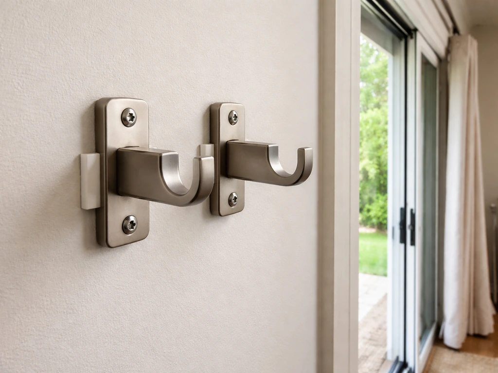 Two curtain rod brackets on a wall, showing which placement avoids interfering with a sliding patio door path.