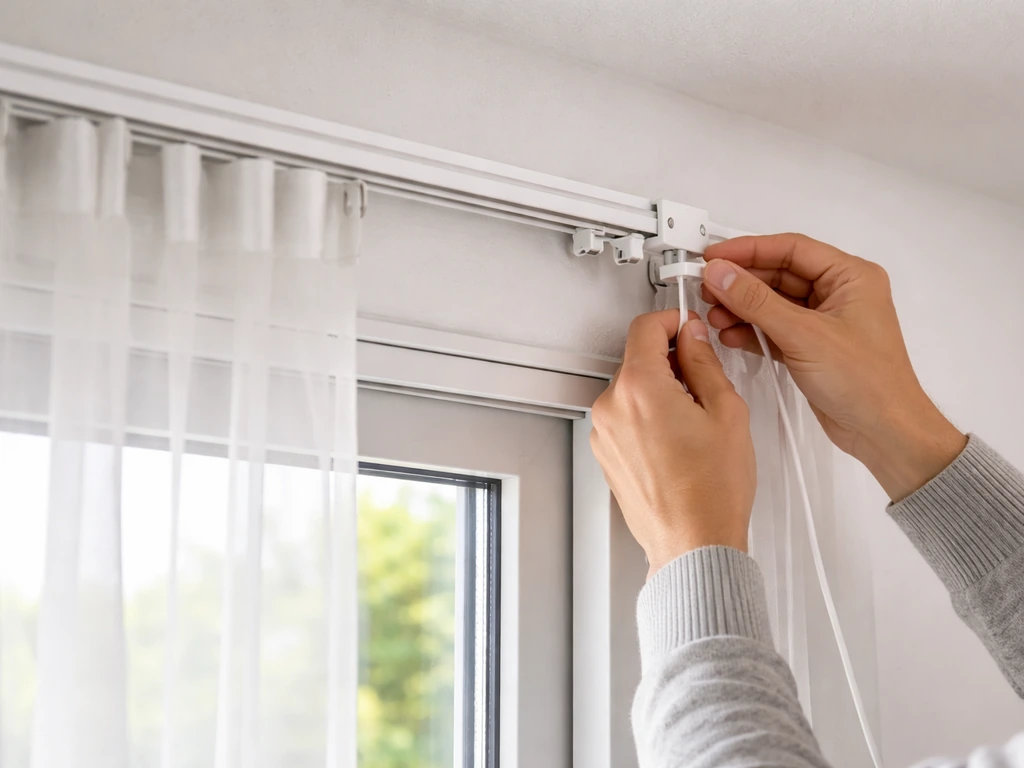 Hands adjusting curtain track hardware on a sliding patio door with sheer panels moving smoothly