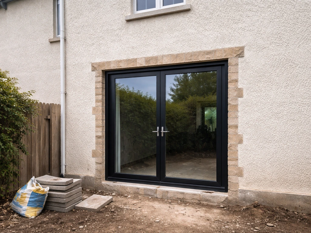 Scotland home exterior with a new patio door installed where a window opening used to be.