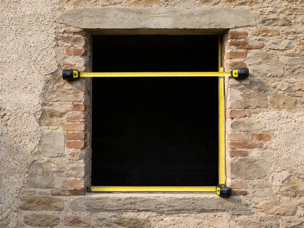 Tape measure checking the width and height of an exterior window opening in a brick wall.