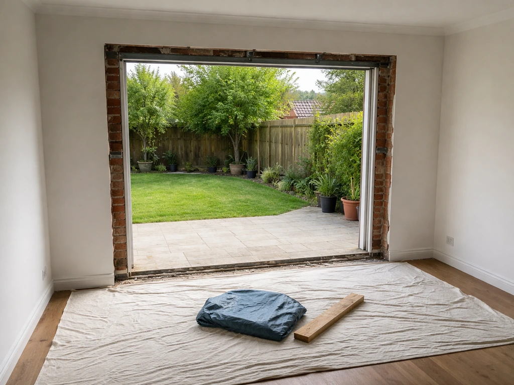 Enlarged cavity masonry wall opening ready for a standard patio sliding or French door installation.