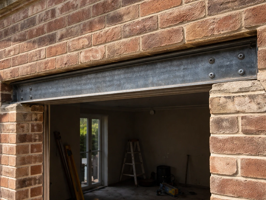 Close-up of a steel lintel spanning a brick patio door opening with clear bearing points on both sides