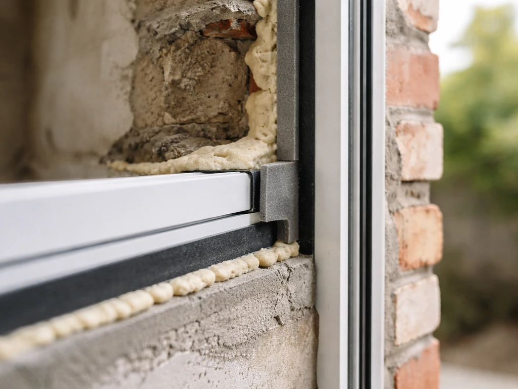 Close-up of insulation spacers and sealed edges around a patio door frame in a wall opening.