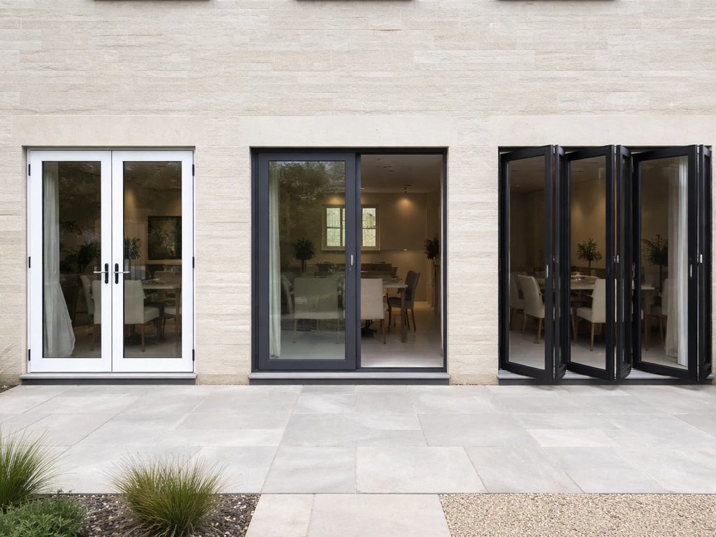 Three door types—French, sliding, and bifold—mounted in similar openings on a modern home exterior.