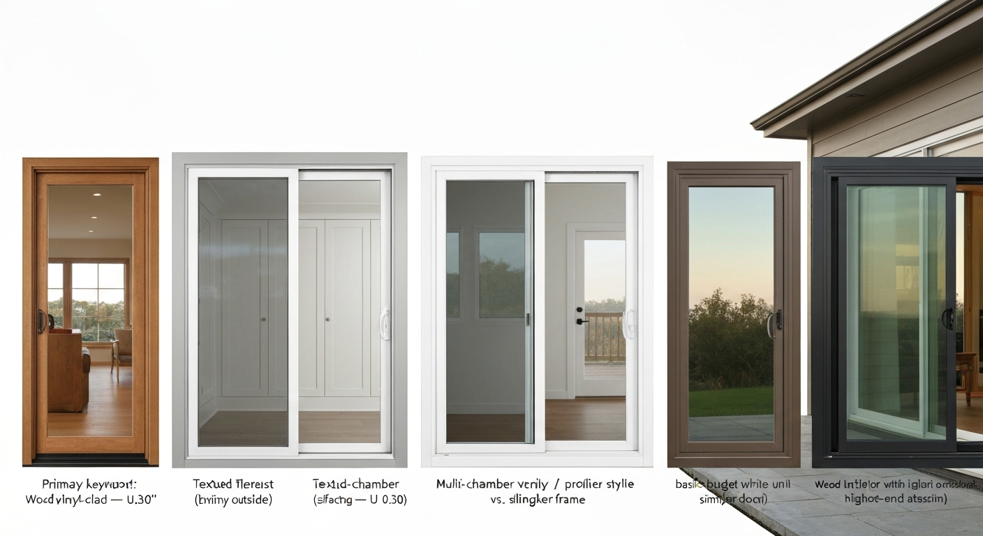Row of five sliding patio door styles from 2017 — wood/vinyl-clad, fiberglass, vinyl, budget vinyl, and wood with aluminum cladding — labeled with style and U‑factor ranges.