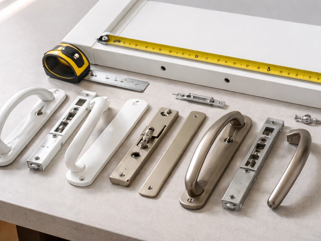 Patio door handle parts and a tape measure laid over a door edge to show sizing isn’t universal