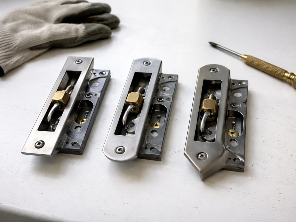 Close-up of three different patio door handle mortise assemblies on a workbench, showing non-interchangeable shapes.