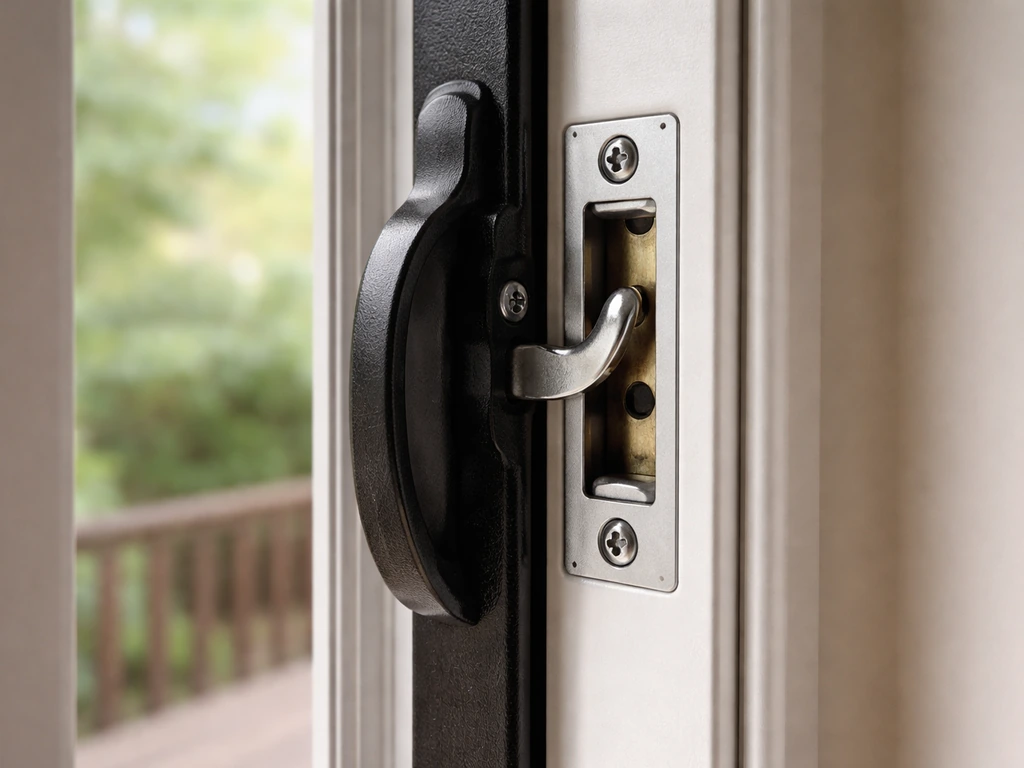 Close-up of a sliding patio door’s hook/claw latch engaged on the frame strike plate