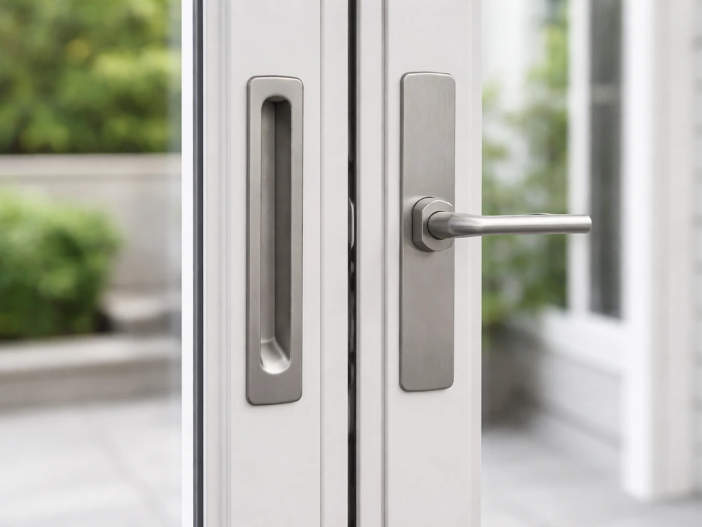 Close-up of slim flush pull and lever hardware tightly mounted on bifold patio door face.