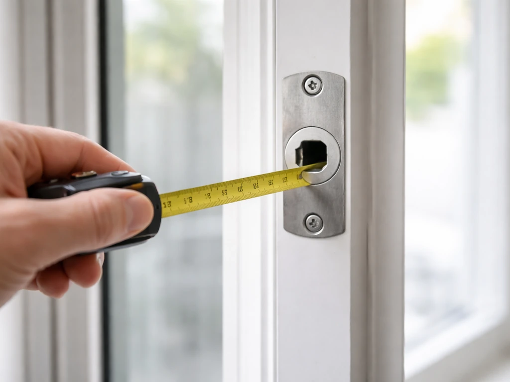 Close-up of a tape measure measuring backset distance on a patio door near the spindle hole