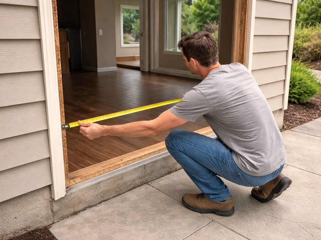 Homeowner kneels by patio door opening, measuring width and checking clearance with a tape measure.