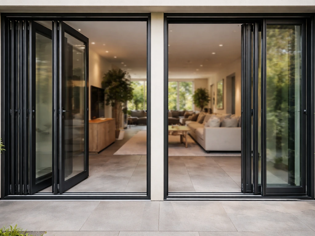 Close-up of bifold and multi-slide patio door panels folded and stacked to the side, opening a wide doorway.