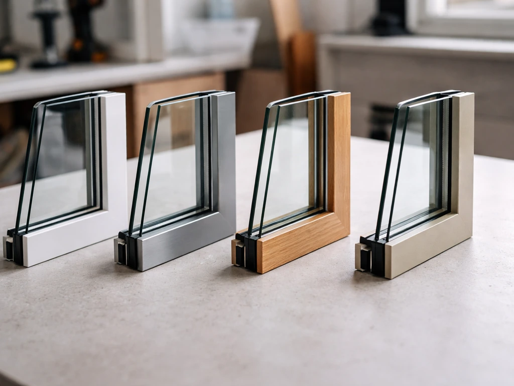 Close-up of window frame material swatches beside insulated glass units in a simple workshop setting.