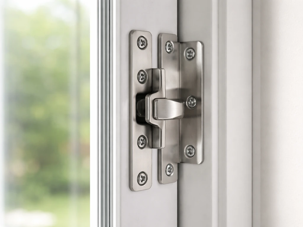 Close-up of reinforced patio sliding door latch hardware with layered security components ready to install.