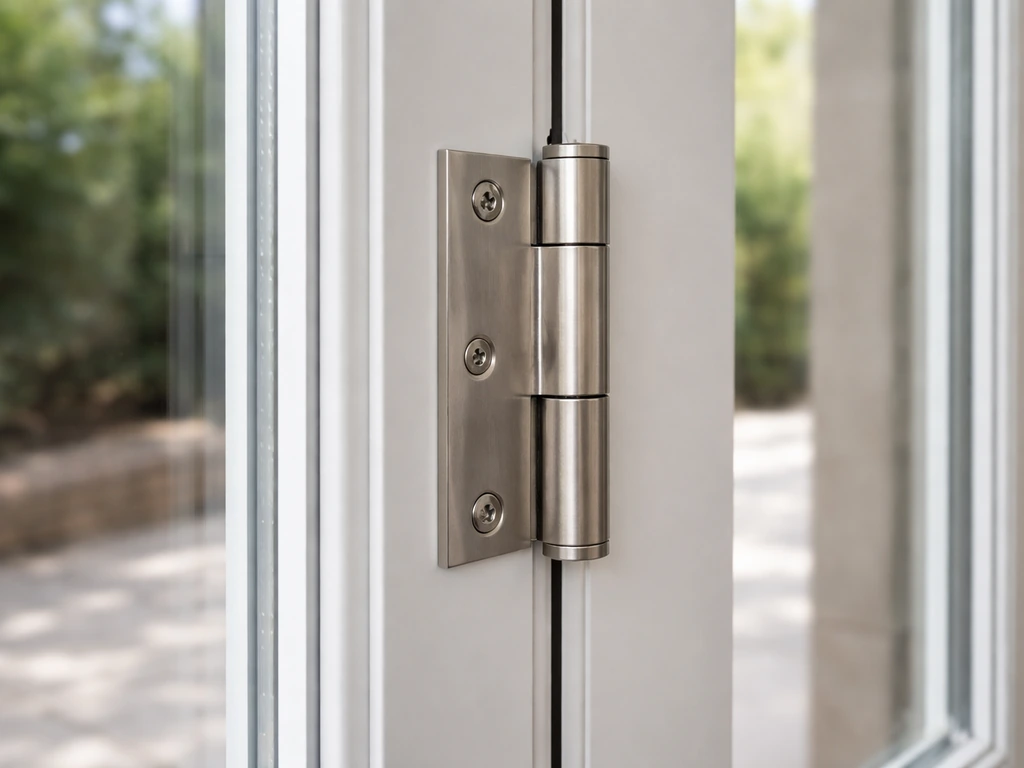 Closeup of a French patio door’s side hinges and center seam where the panels meet.
