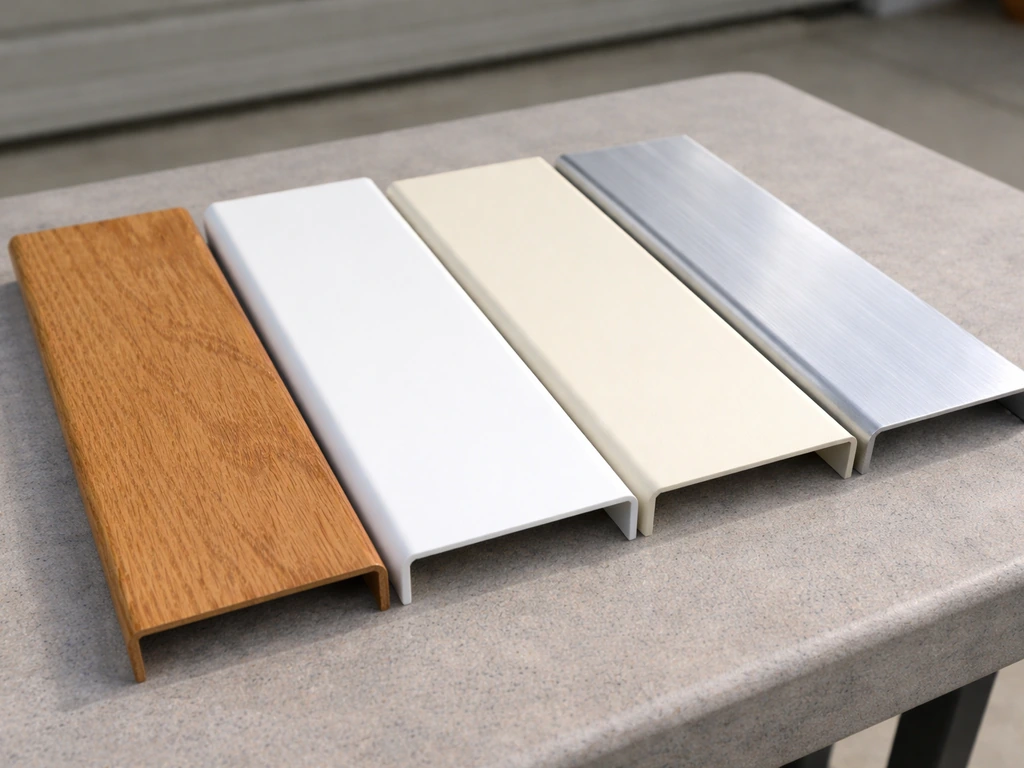 Close-up of patio door material samples—wood, fiberglass, vinyl, and aluminum—with clear surface textures.