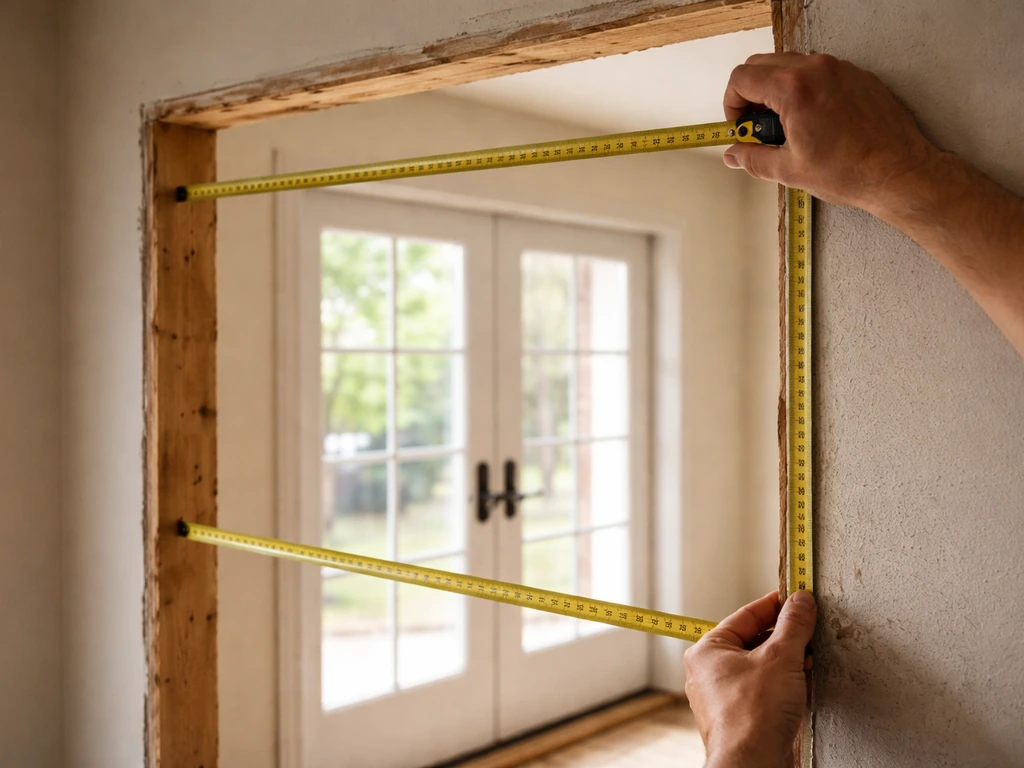 Tape measure stretched near a door rough opening and height markings during French patio door replacement