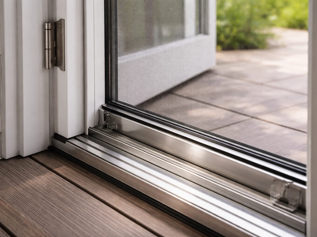 Close-up of a hinged French patio door frame showing an installed screen track and smooth sliding track detail.
