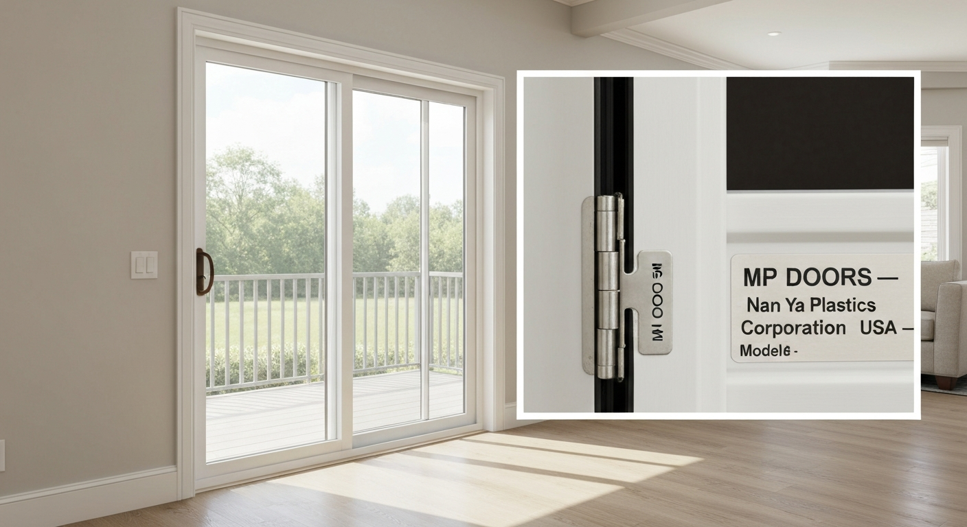 Modern vinyl sliding patio door with a magnified close-up of an MP DOORS foil label on the frame