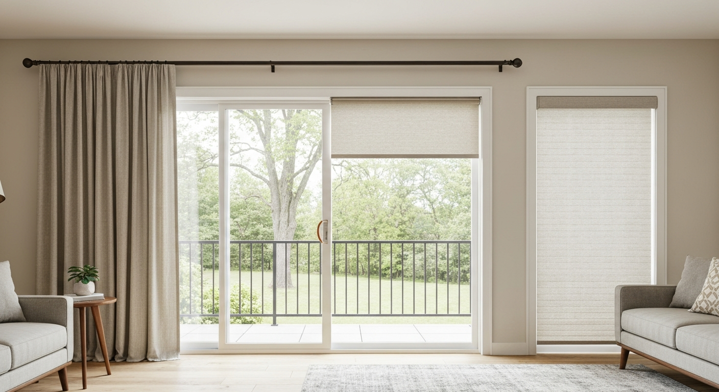 Modern living room with a large sliding patio door showing drapes, a partially lowered roller shade, and a stacked panel track as alternatives to traditional blinds.