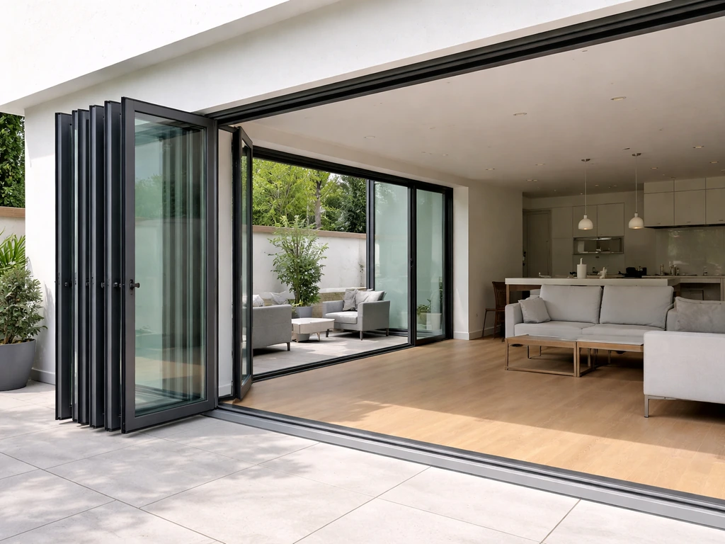 Fully open bifold patio doors with multiple glass panels creating a wide indoor-outdoor opening.