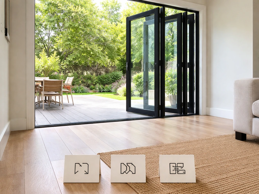 Bifold patio door partially open with three small icon cards symbolizing different interchangeable terminology.