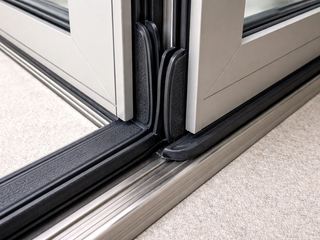 Closeup of dual interlocking weatherstripping seals at a door panel joint and threshold.