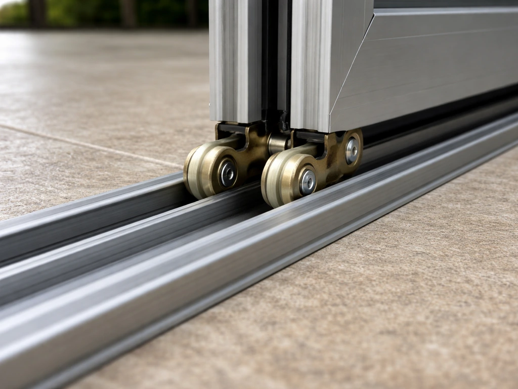 Close-up of a bifold door bottom track and roller wheel carriage with aligned, smooth hardware.