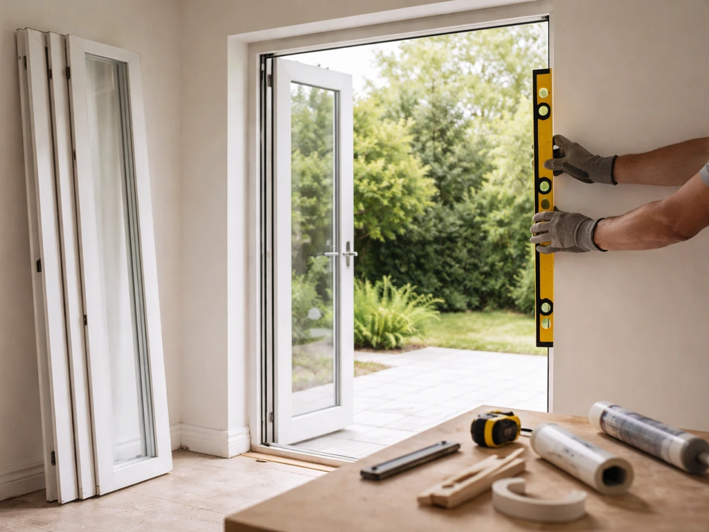 Open patio doorway with a bifold door frame and supplies, showing hands holding a level during installation.