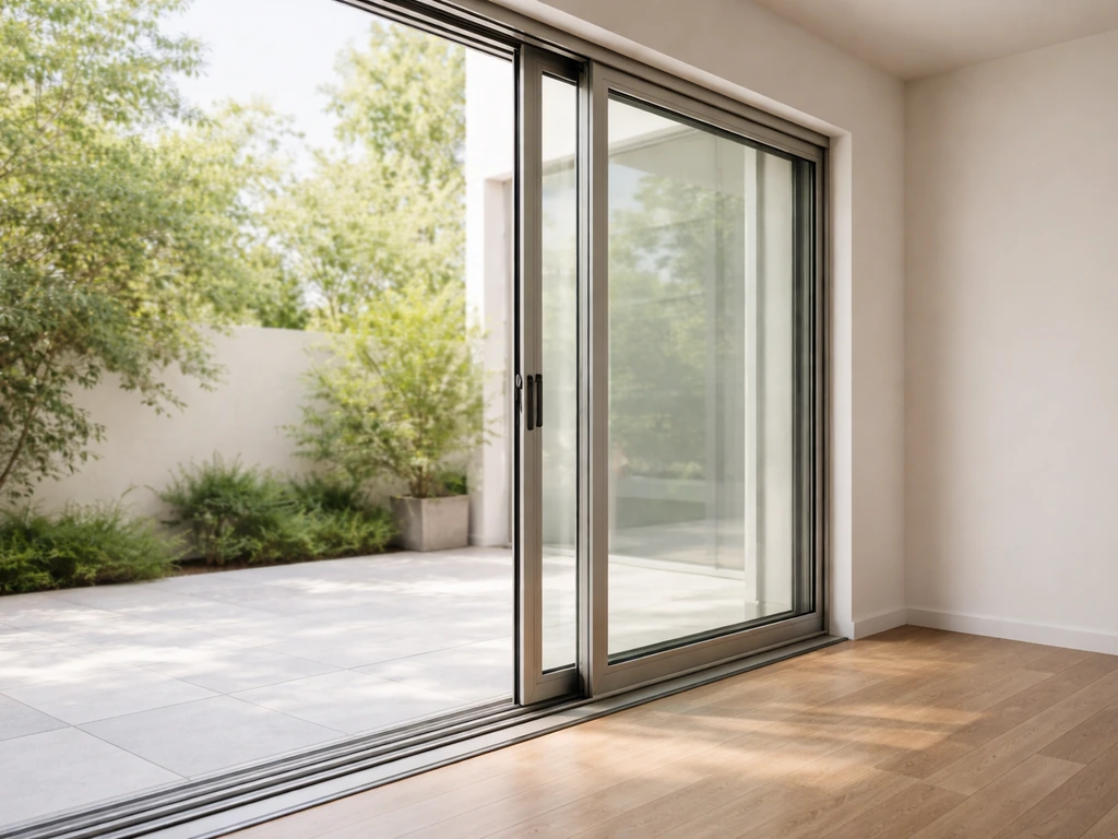 Modern sliding glass patio door partially open with bright patio view and sleek frame details.