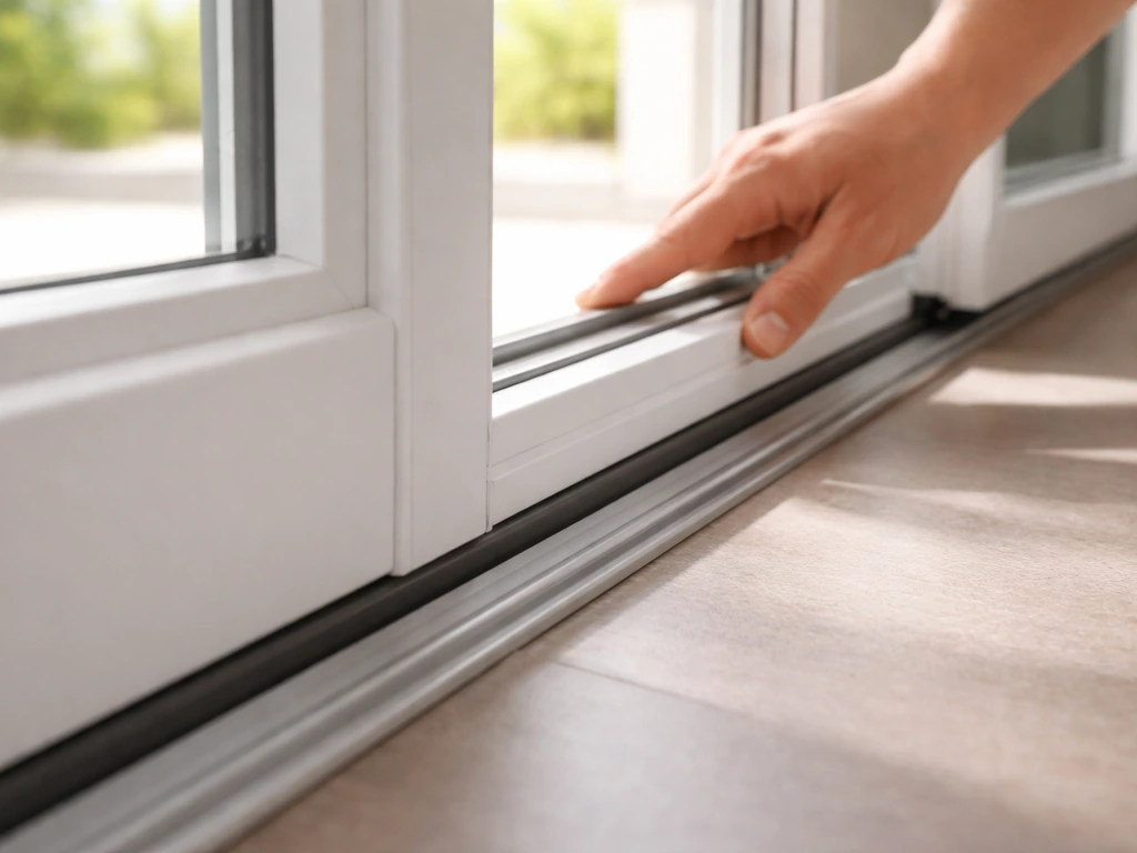 Hand sliding a clean vinyl patio door smoothly along the track, highlighting low friction and good sealing.