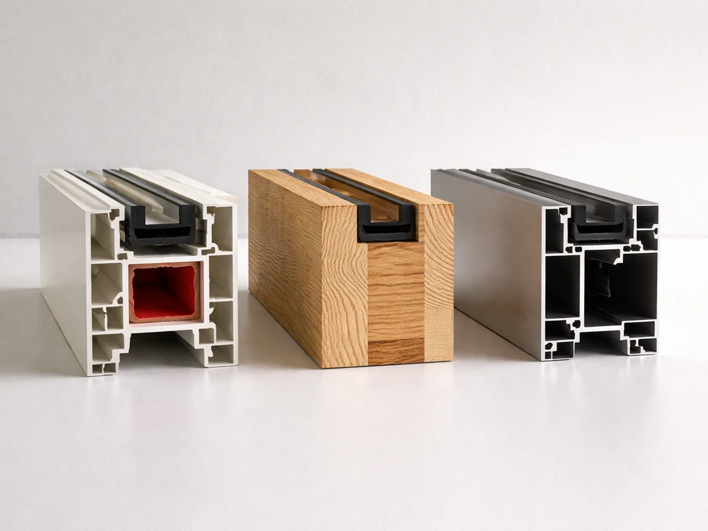Close-up of vinyl, wood, and aluminum window frame cutaways showing vinyl’s hollow insulating chambers.