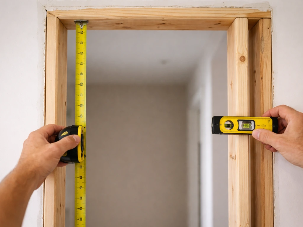 DIY homeowner measuring a rough opening with tape measure and level at top, middle, and bottom