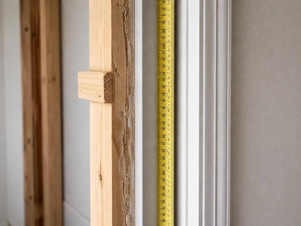 Tape measure laid alongside a door frame with marked rough and finished opening space