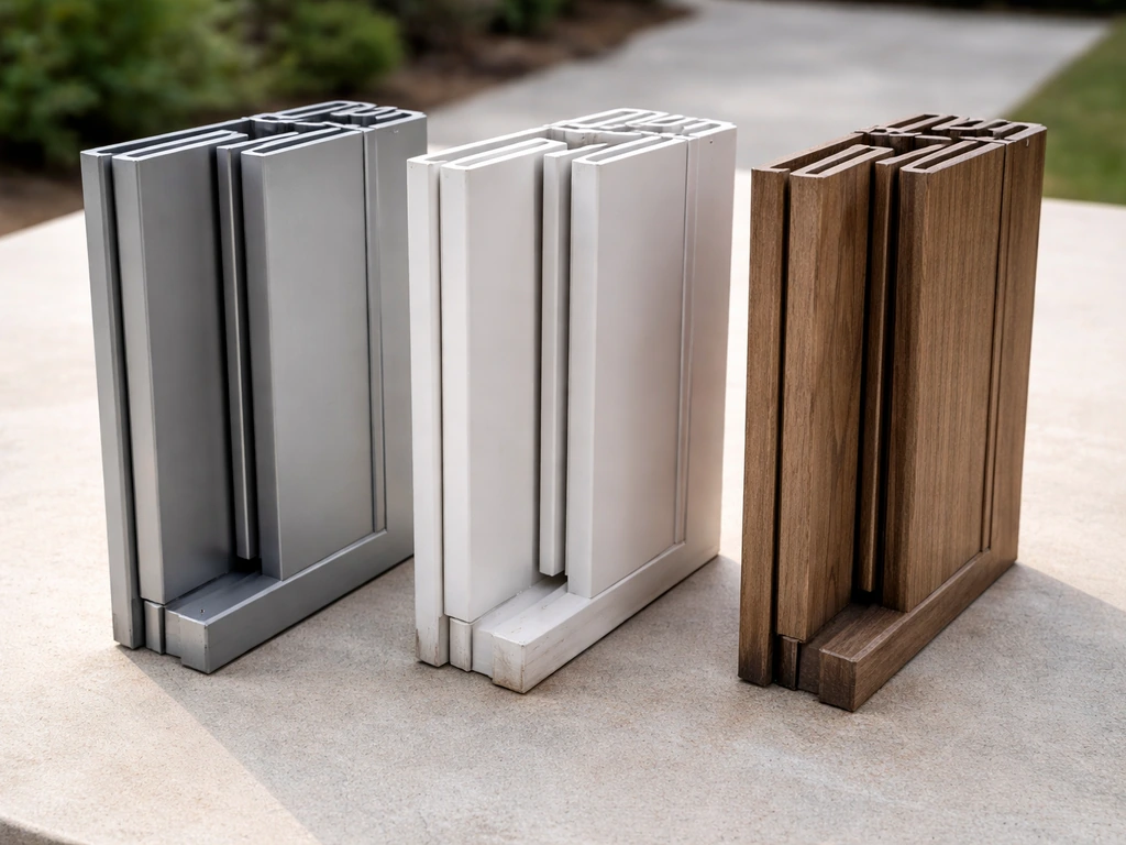 Three side-by-side samples of aluminum, vinyl, and wood folding door panels with realistic textures.