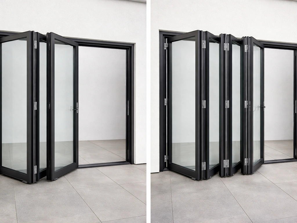 Split-scene photo showing patio door panels and hinge/track hardware side-by-side, indicating higher cost for more panel