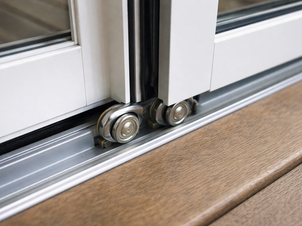 Close-up of sliding door rollers and panel connection area showing accessible roller placement