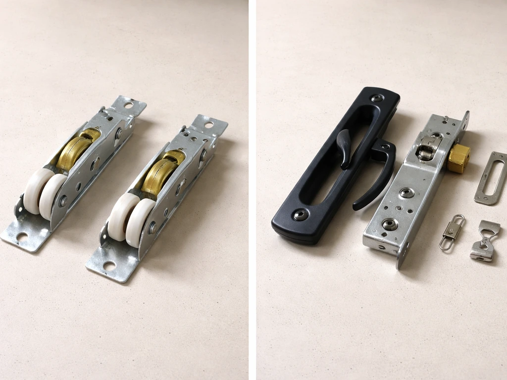 Side-by-side view of sliding door rollers and handle/lock hardware on a workbench.
