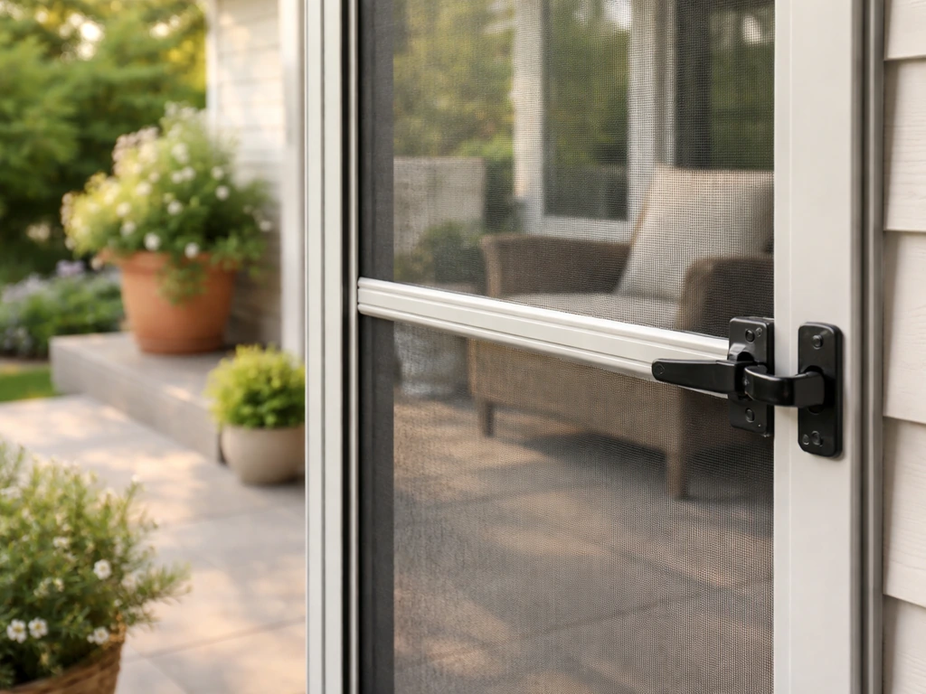 Manual patio screen closed on a home patio door, showing frame, mesh, and latch hardware in natural light.