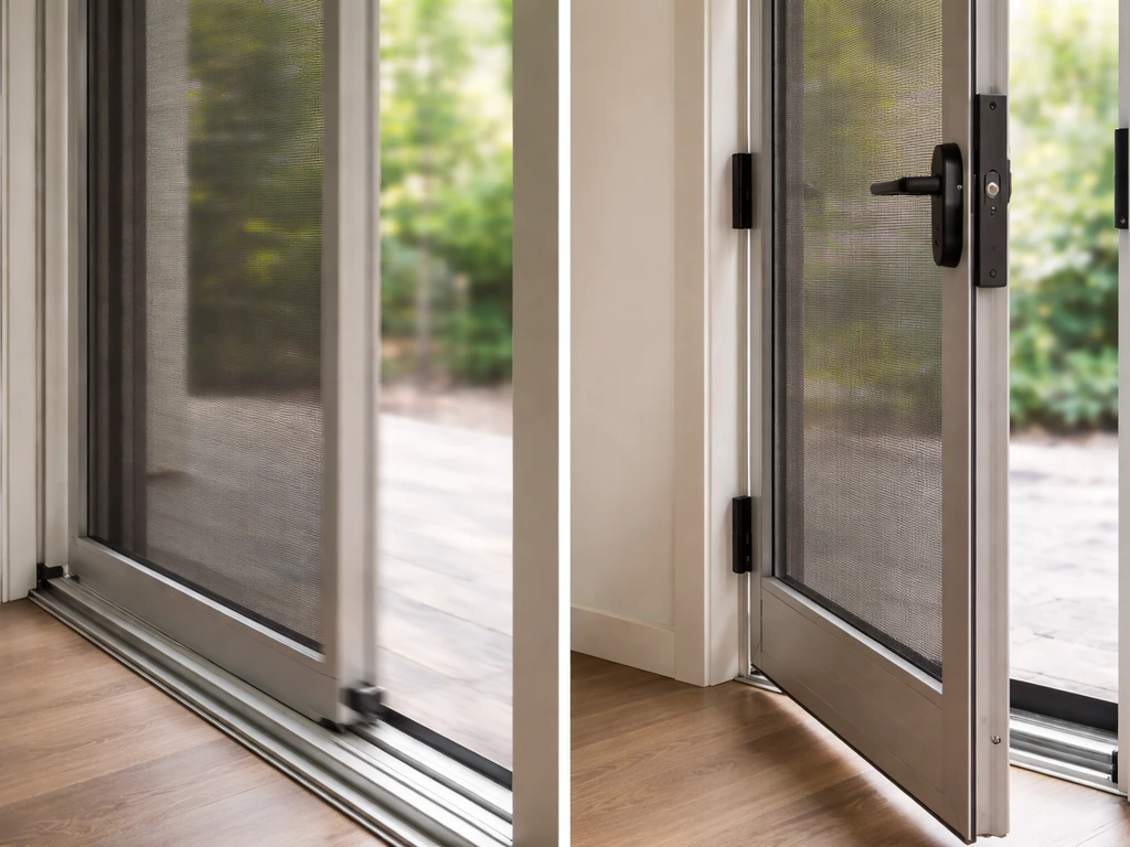 Close-up of a sliding patio screen in its roller track and a hinged screen door swinging open.