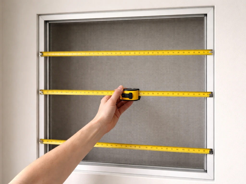 Taped width measurement at three points across a window screen opening, showing slight frame variation.