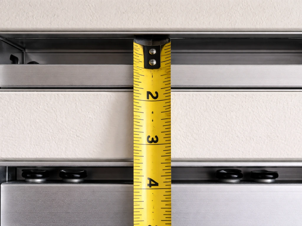 Tape measure measuring the height between a sliding door bottom roller track and upper U-channel
