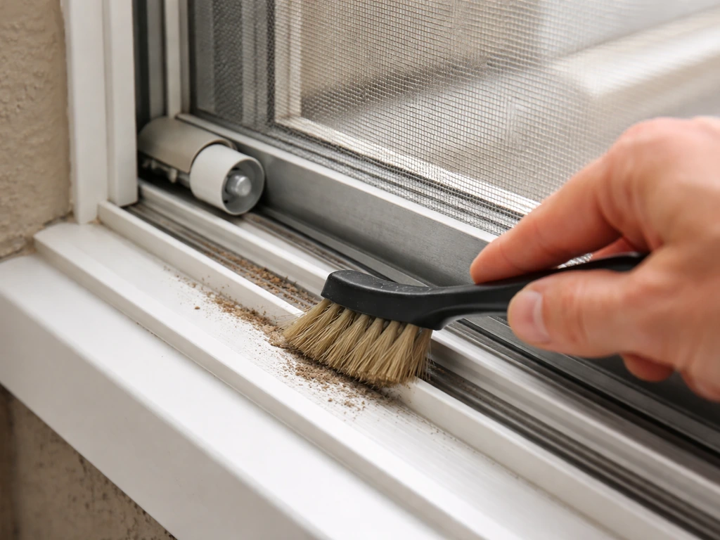 Close-up of a sliding screen sill track being cleaned with a stiff brush, showing rollers and track area.