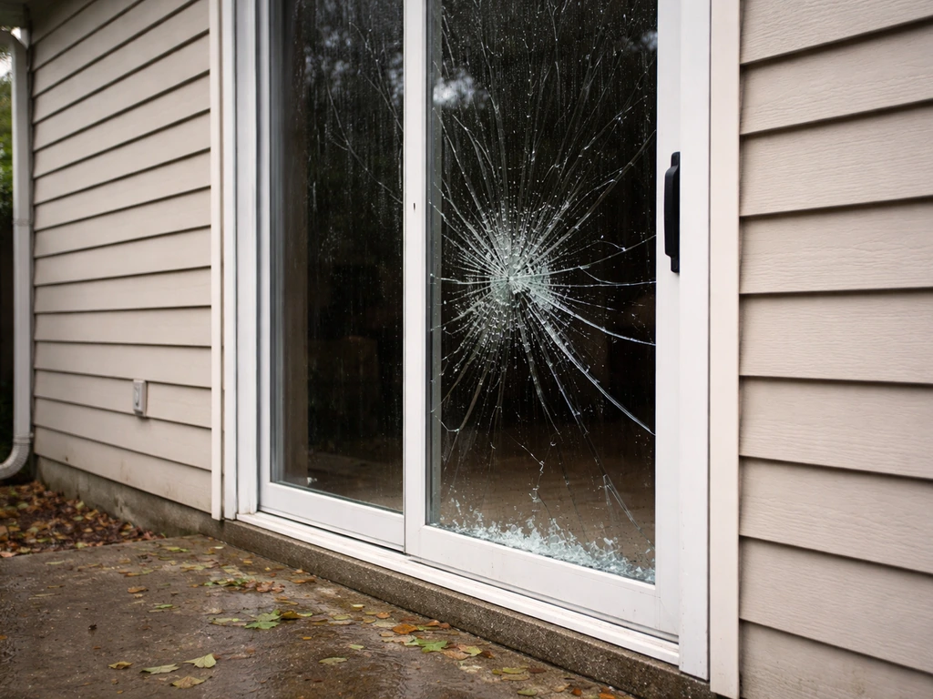 Exterior of a home with a storm-damaged patio door and cracked glass in the frame.