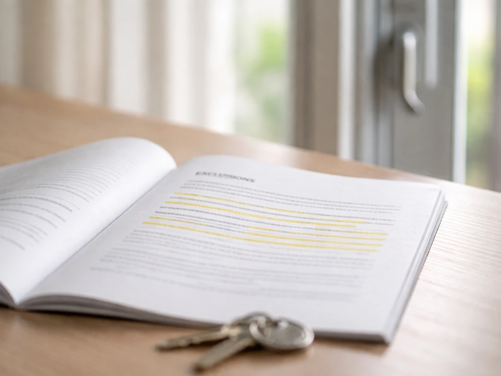Close-up of a homeowners insurance policy page with the exclusions section highlighted, keys and patio door nearby