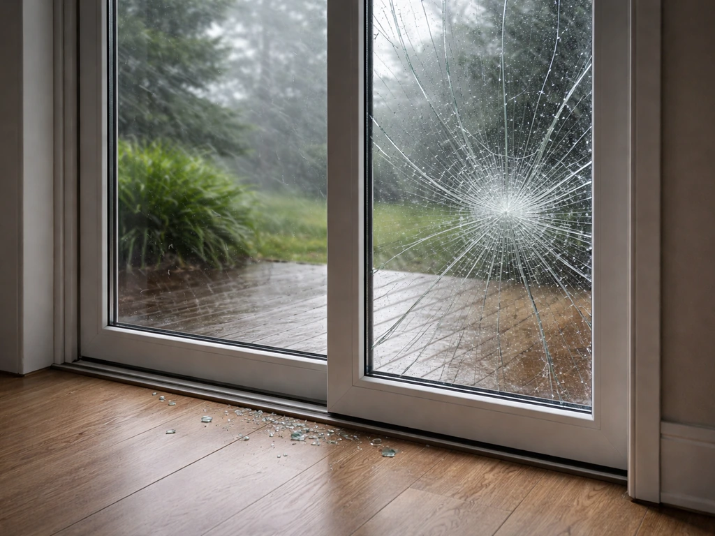 Patio door with cracked glass from hail or windblown debris, visible shards near the frame.