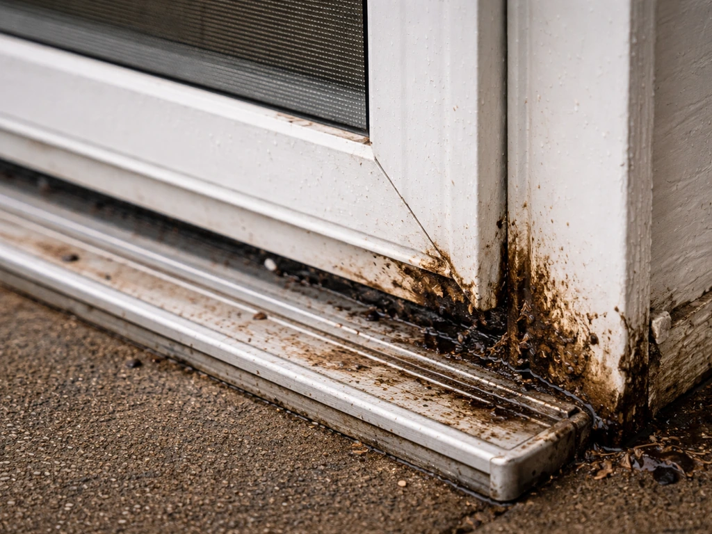 Close-up of a sliding patio door frame with water staining at the seal edge suggesting a hidden leak