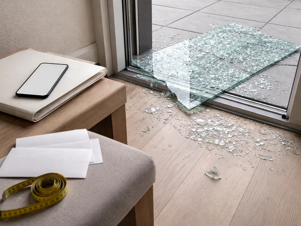 Broken patio door glass on the floor next to blank insurance documents and cost-decision items.